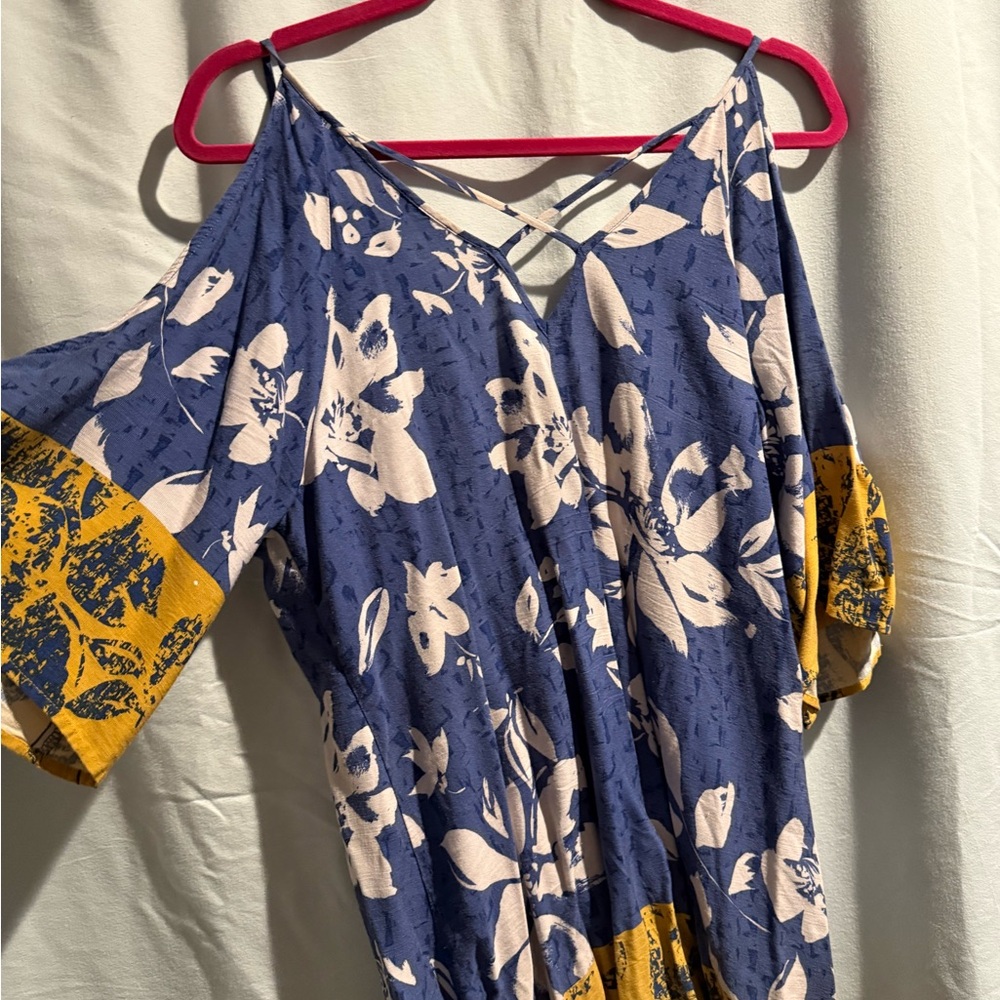 Lush Women's Small Floral Cold Shoulder Dress Blue Boho Flowy Strappy Summer - Picture 3 of 5